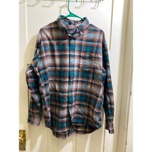 Pendleton Mason Plaid Flannel Shirt Mens XL Teal Brown Button Down Long Sleeve